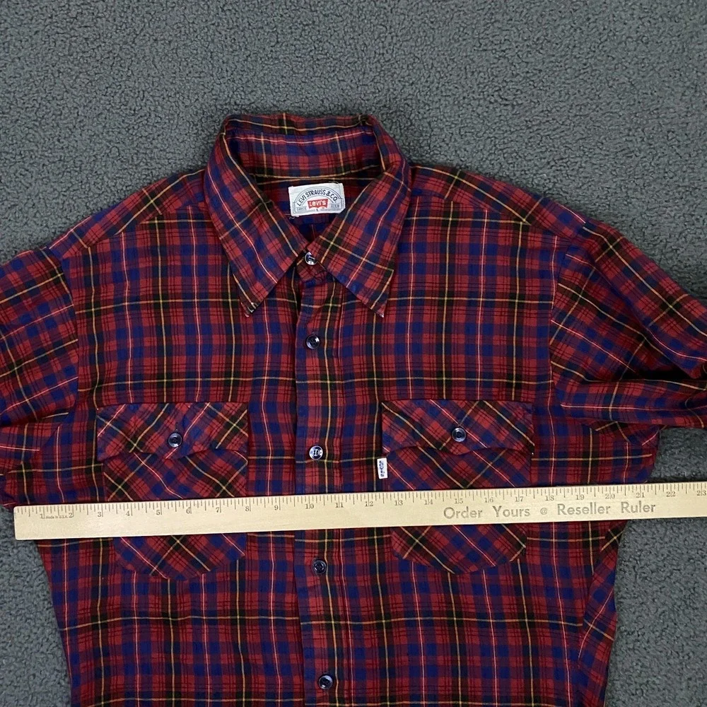 Vintage 70s 80s Levis Shirt Mens Large Red Plaid Western Button Up Flap Pocket